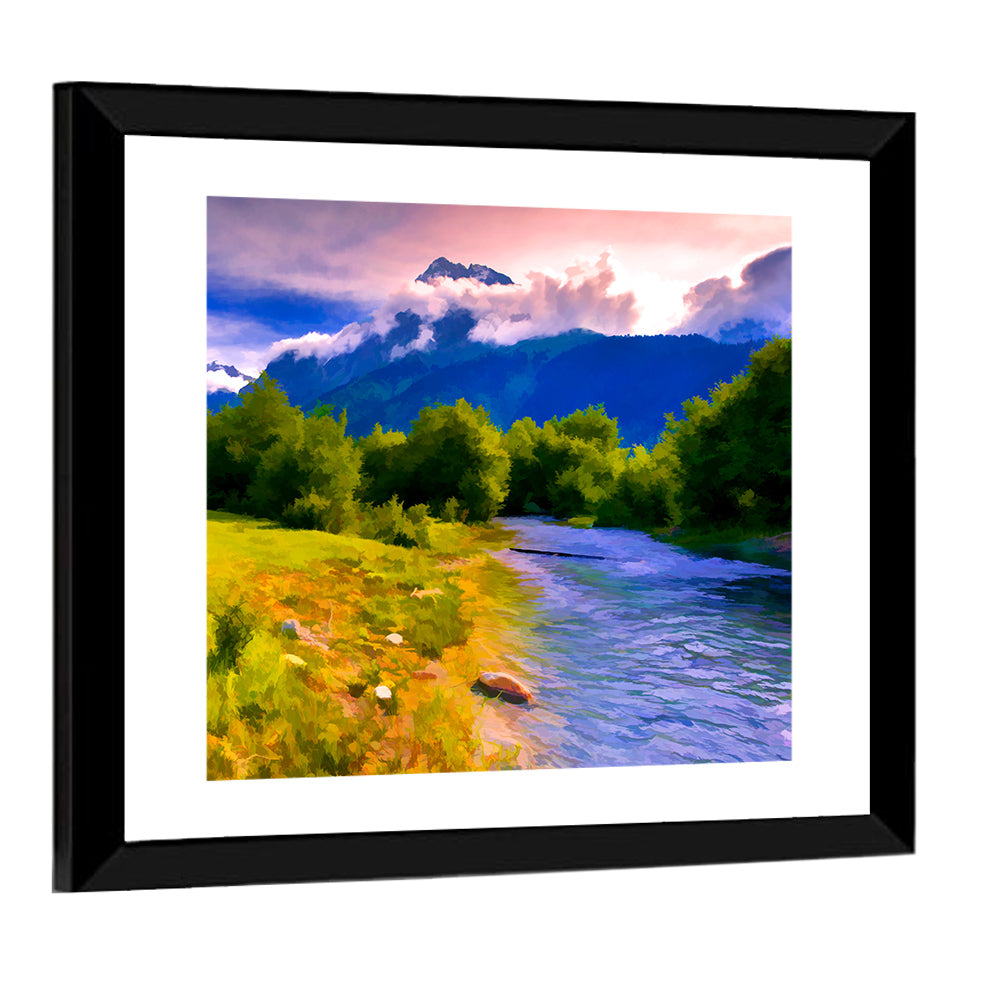 Mountain River Through Meadow Wall Art