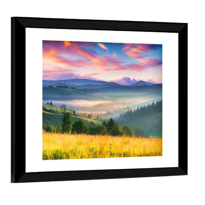 Sunrise Mist Over Mountain Meadow Wall Art as a framed print