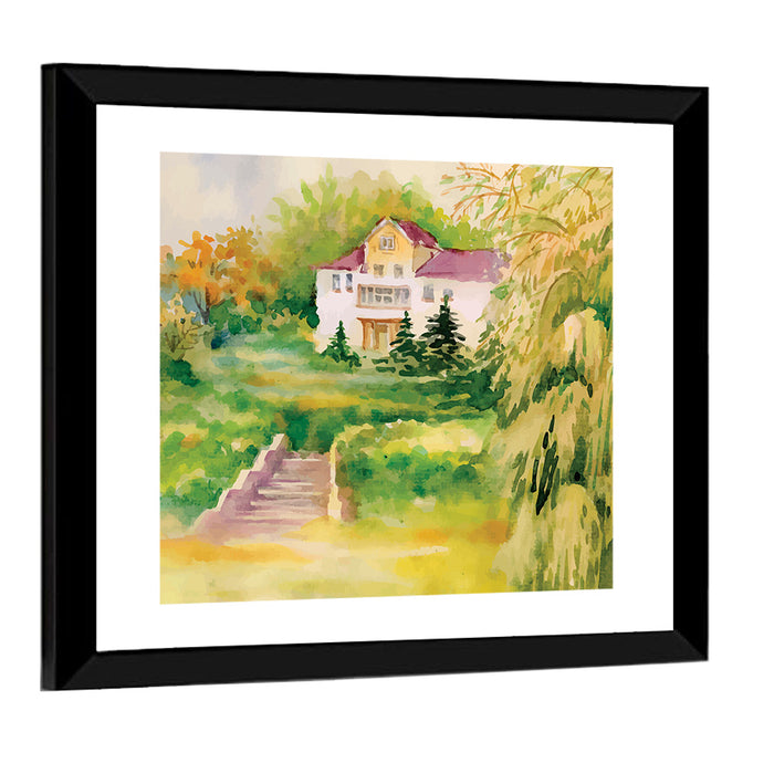 Hilltop House in Garden Illustration Wall Art as a framed print