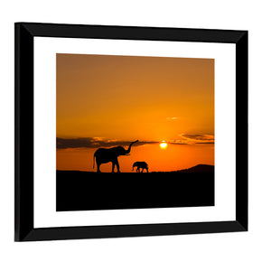 Elephants In Savannah At Sunset Wall Art