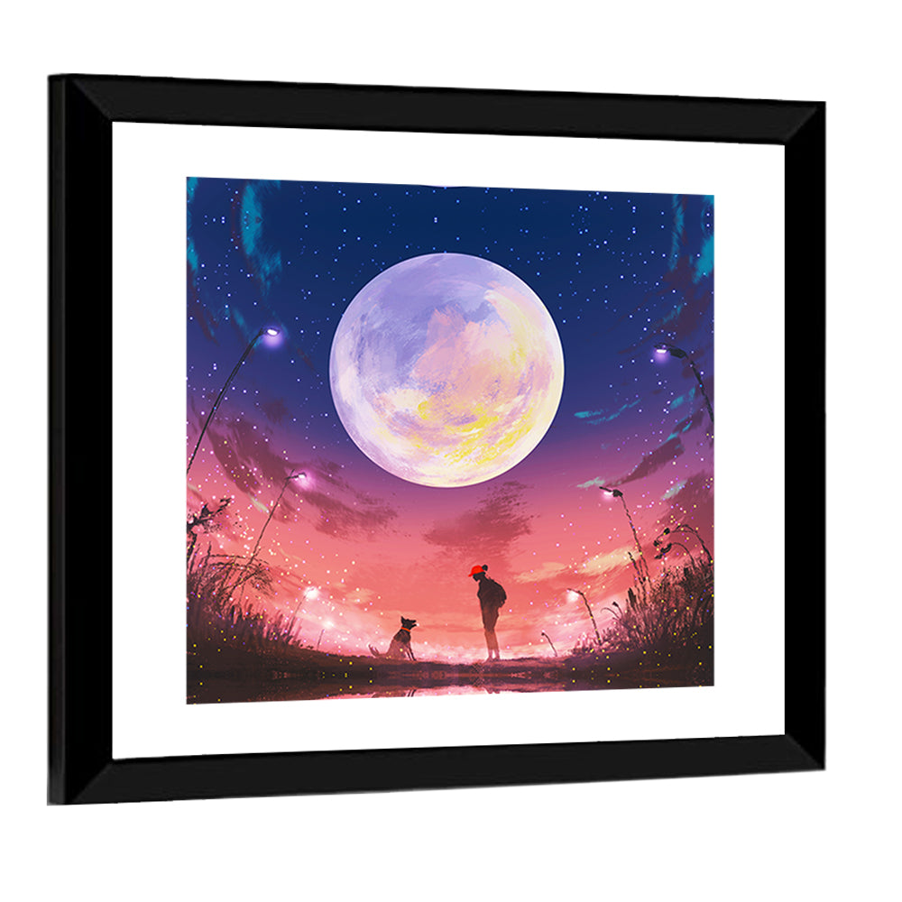 Woman and Dog Beneath Oversized Moon Wall Art