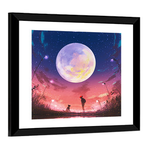 Woman With Dog Under Moon Wall Art