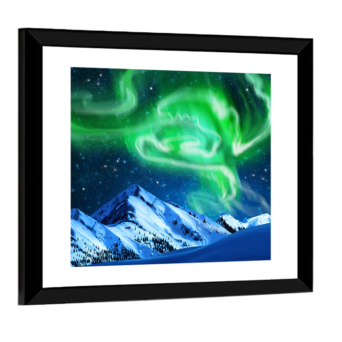 Glowing Aurora Over Snow Capped Mountains Wall Art as a framed print