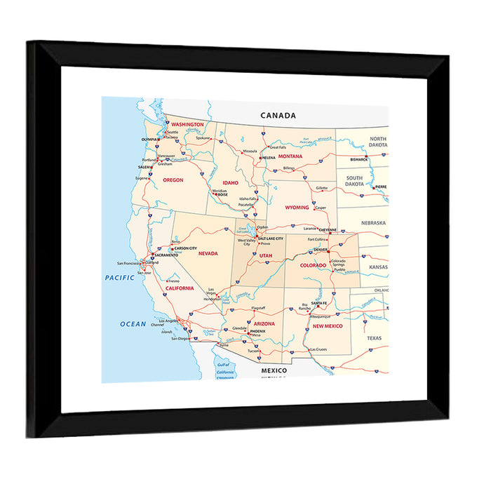 Western United States Map Wall Art as a framed print