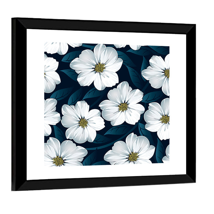 White Flowers on Navy Pattern Wall Art as a framed print