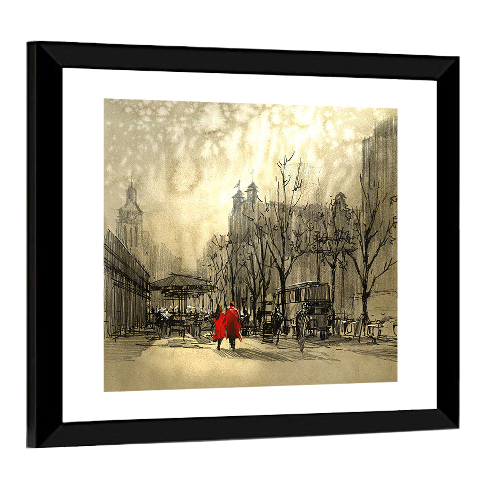 Couple in Red Coats on City Street Wall Art
