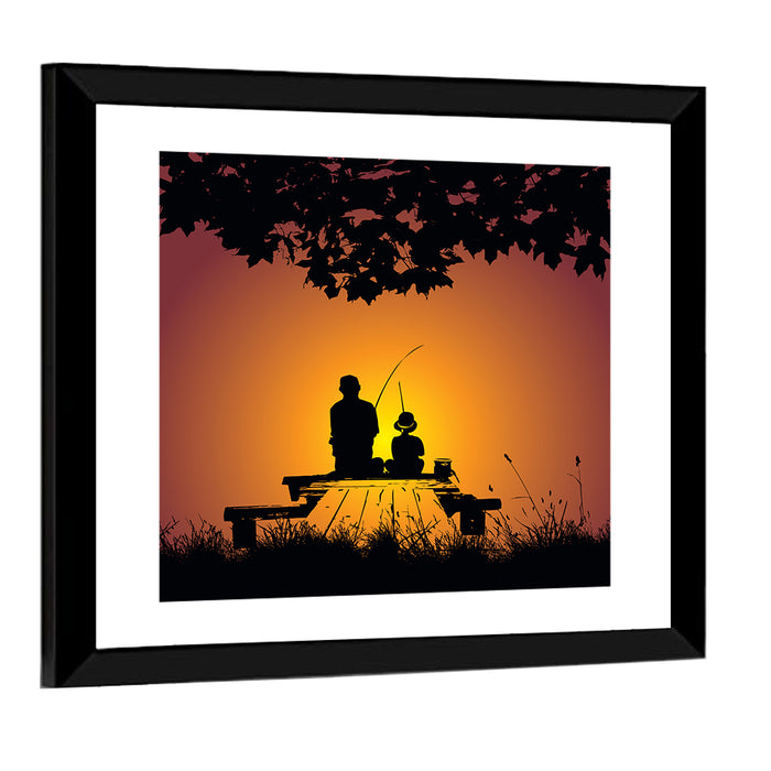 Father and Child Fishing Silhouette Wall Art as a framed print