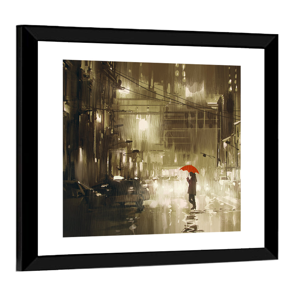 Red Umbrella on Rainy City Street Wall Art