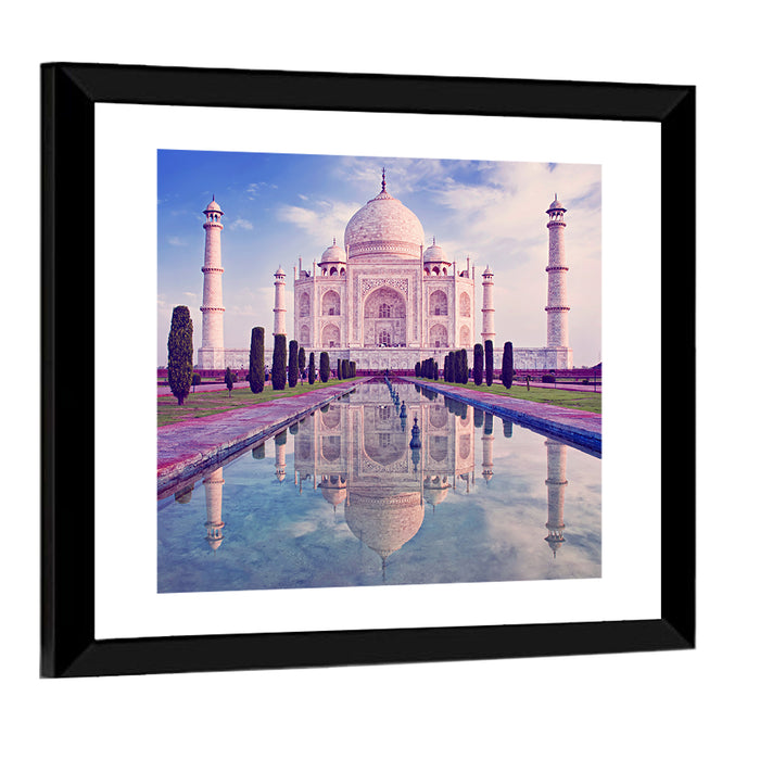 Taj Mahal Sunrise Reflection Wall Art as a framed print