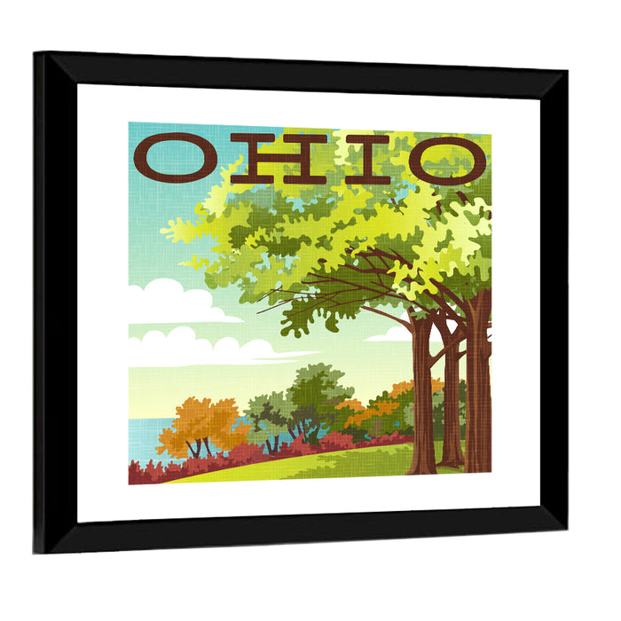 Retro Ohio Travel Illustration Wall Art as a framed print