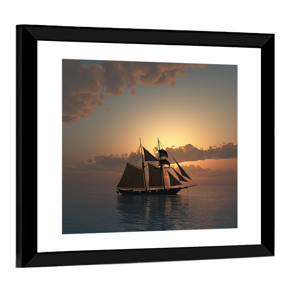 Schooner Silhouette at Sunset Wall Art