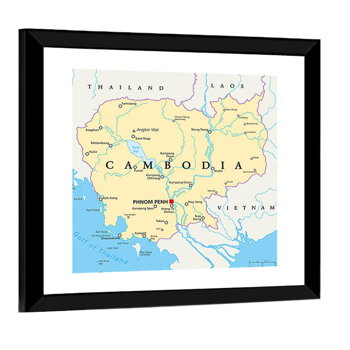 Minimalist Cambodia Political Map Wall Art as a framed print