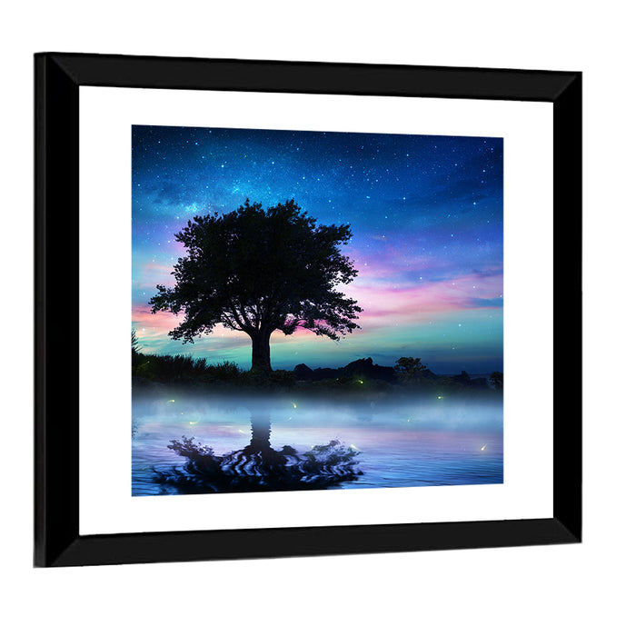 Lonely Tree Under Starry Sky Wall Art as a framed print