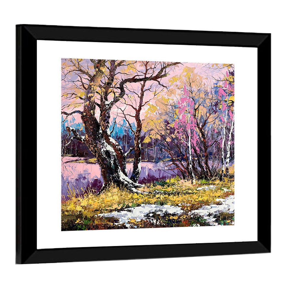 Autumn Lakeshore with Pink Foliage Wall Art