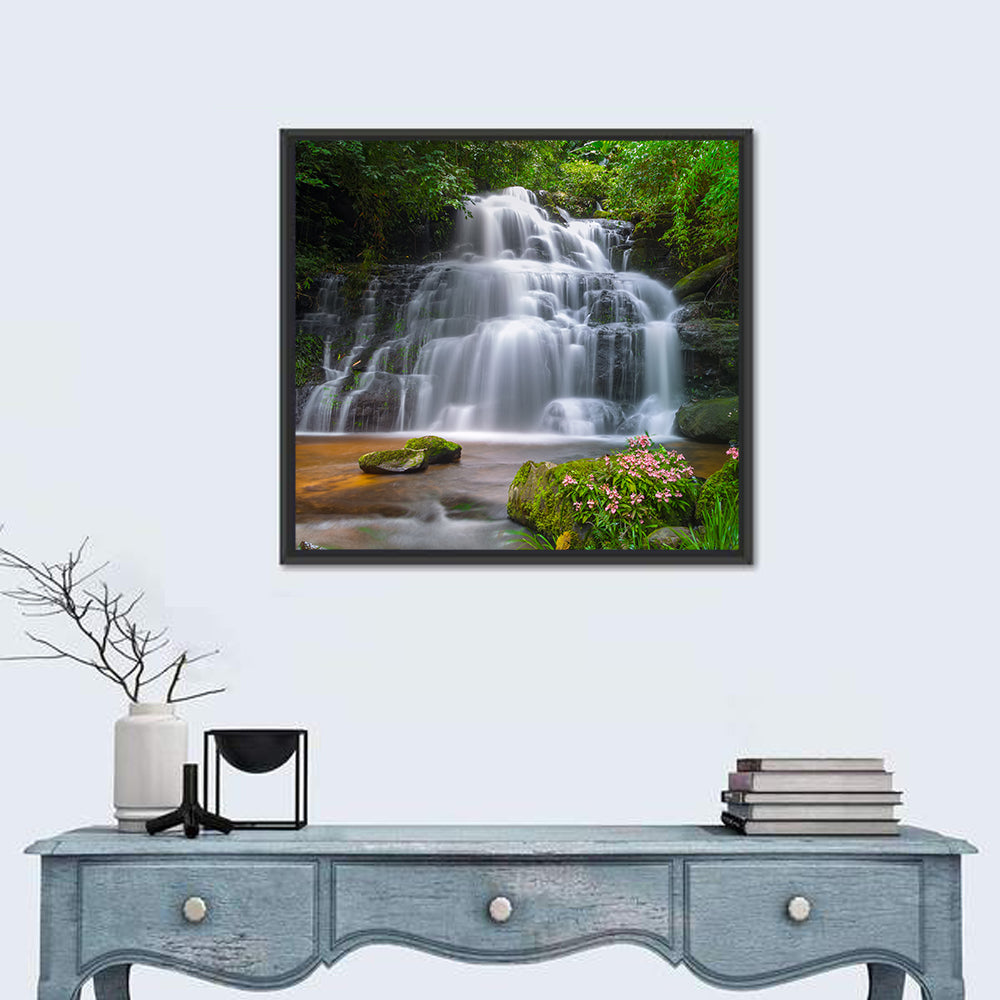 Mun Daeng Waterfall with Mossy Boulders Wall Art in a room, square