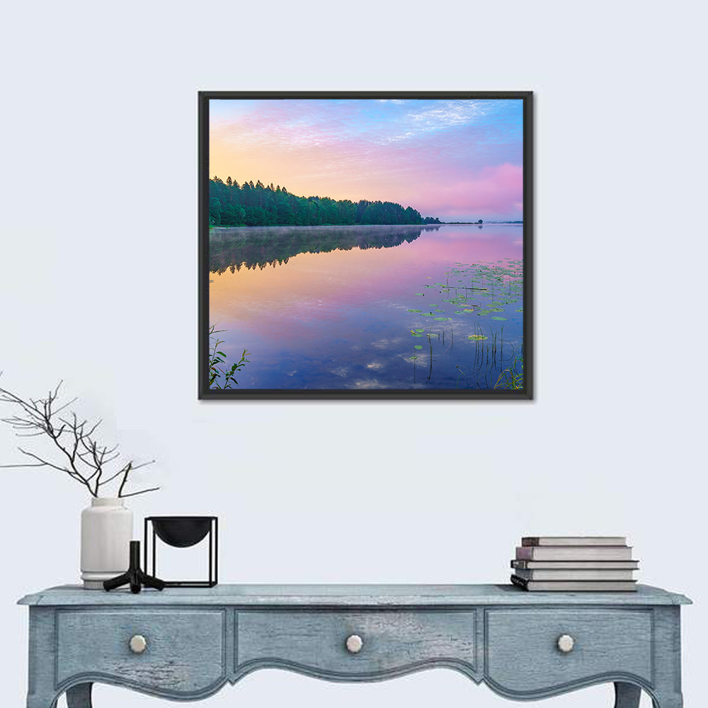 Sunrise Over Forest Lake Wall Art in a room, square