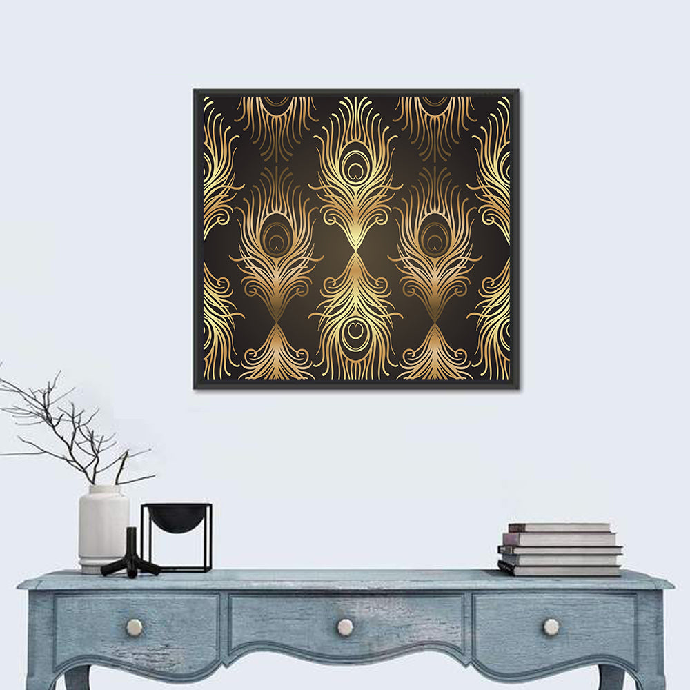 Gold Peacock Feather Pattern Wall Art in a room, square