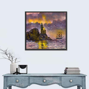 Ship & Lighthouse In Sea Artwork Wall Art