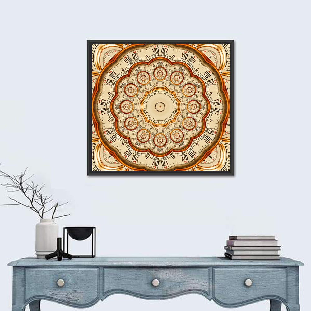 Antique Golden Clock Mandala Wall Art in a room, square