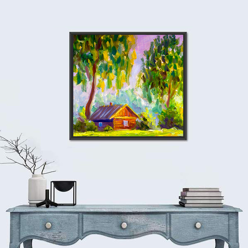 Impressionist Log Cabin in Green Forest Wall Art in a room, square