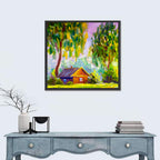 Impressionist Log Cabin in Green Forest Wall Art