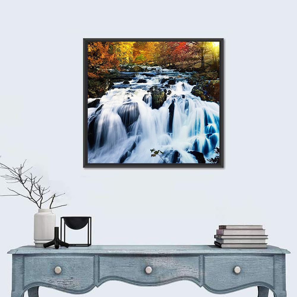Mossy Autumn Forest Waterfall Wall Art in a room, square