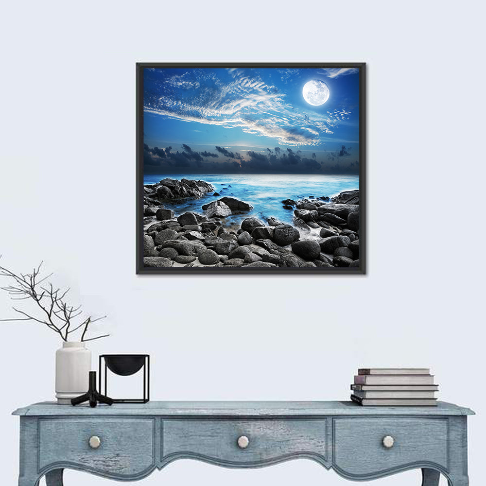 Moonlit Tropical Bay with Rocky Coast Wall Art in a room, square