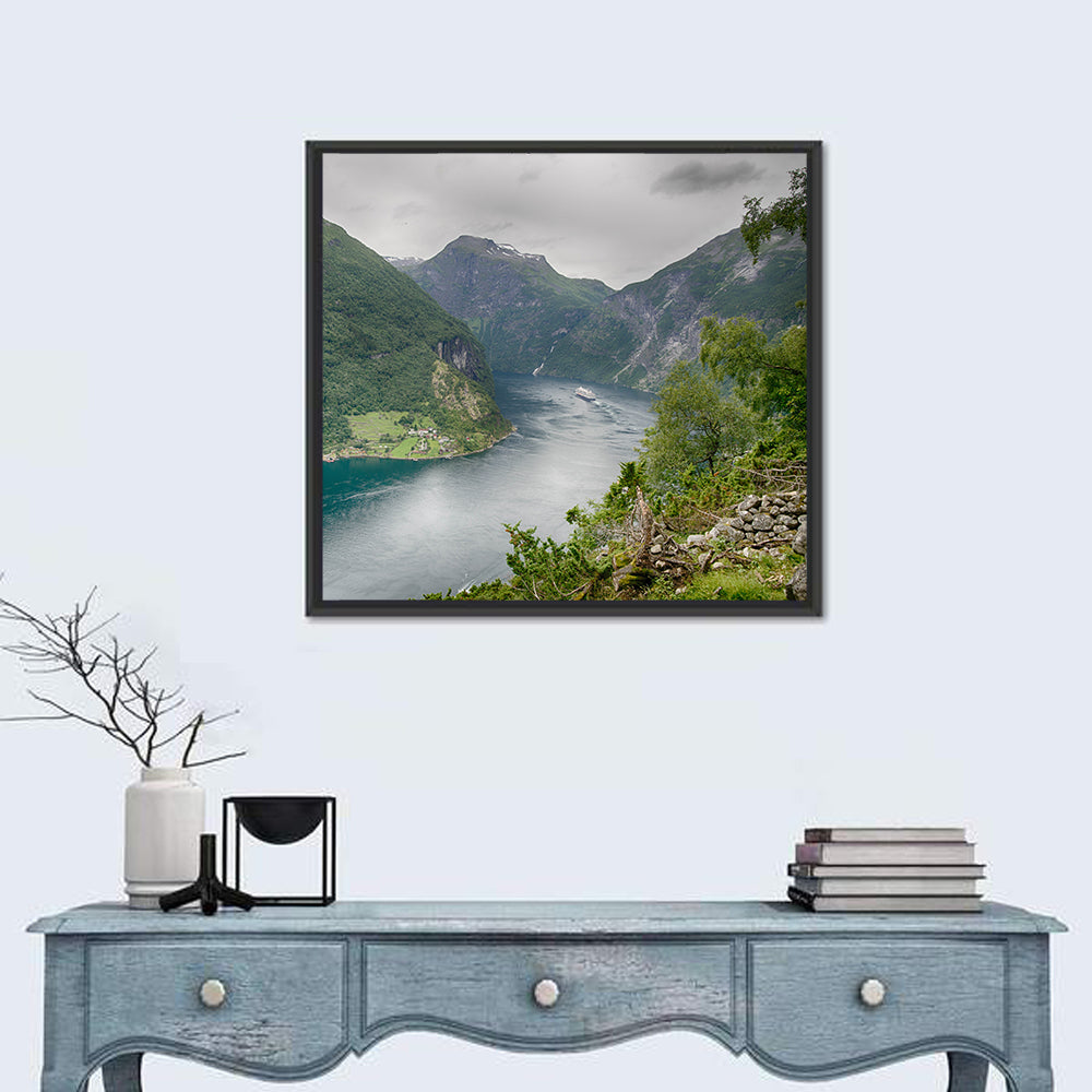 Geirangerfjord with Cruise Ship Wall Art in a room, square