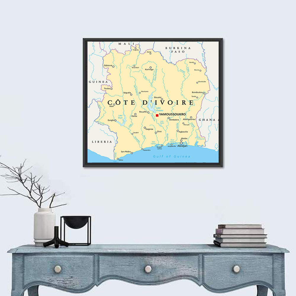 Côte D'ivoire Political Map Wall Art in a room, square