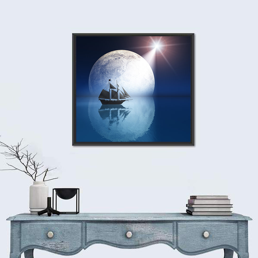 Moonlit Ship with Glowing Star Wall Art in a room, square