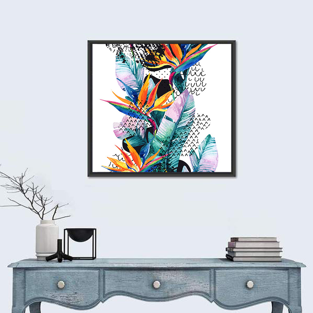 Bird of Paradise Floral Texture Wall Art in a room, square