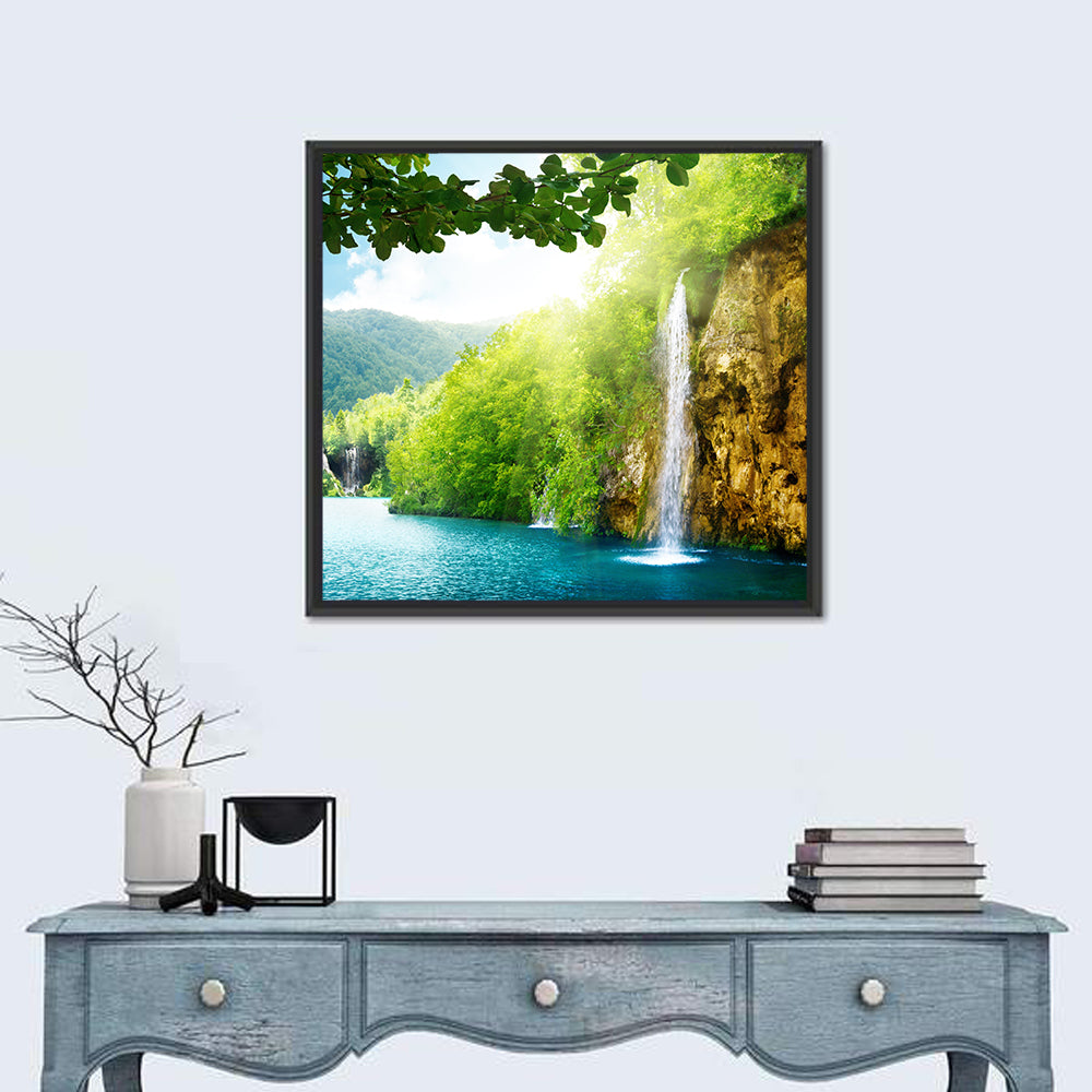 Plitvice Lakes Forest Waterfall Wall Art in a room, square