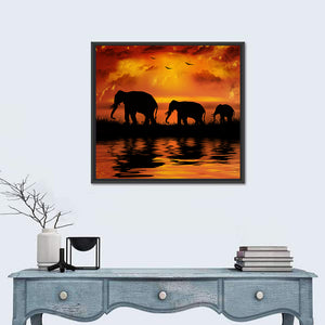 Elephants In Sunset Wall Art