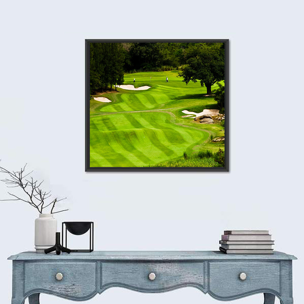 Sloping Golf Fairway with Bunkers Wall Art in a room, square