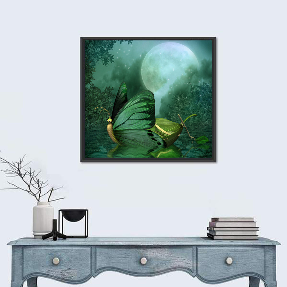 Moonlit Butterfly on Leaf Boat Wall Art in a room, square