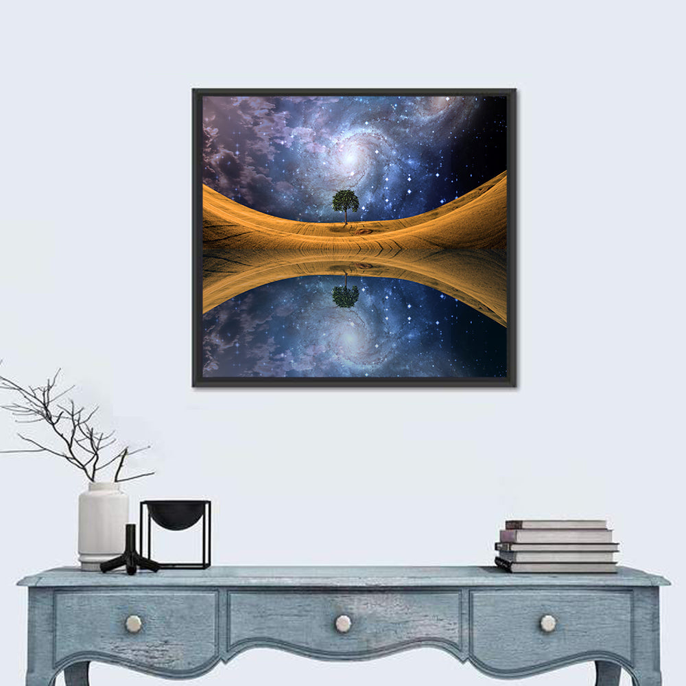 Solitary Tree Beneath Spiral Galaxy Wall Art in a room, square