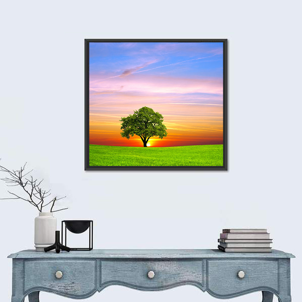 Lone Tree at Sunset Wall Art in a room, square