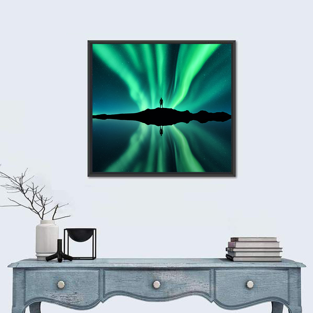 Northern Lights Over Mountain Lake, Norway Wall Art in a room, square