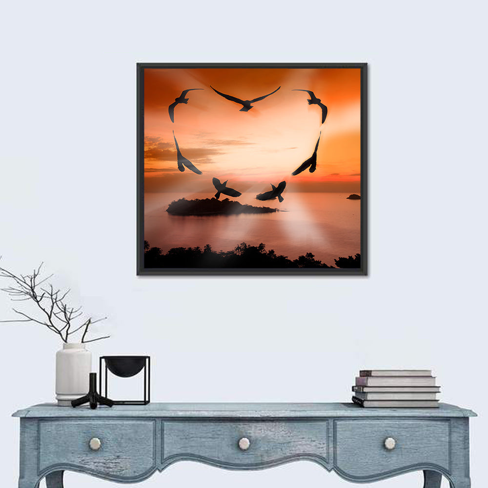 Heart-shaped Birds at Sunset Wall Art in a room, square