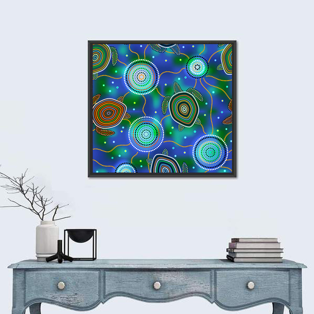 Dot Painted Sea Turtles and Jellyfish Pattern Wall Art in a room, square