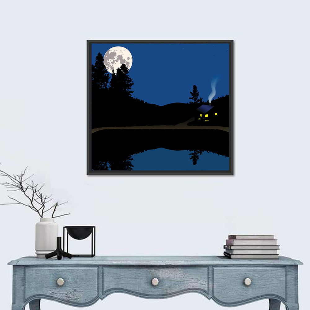 Moonlit Cabin on Mountain Lake Canvas Wall Art