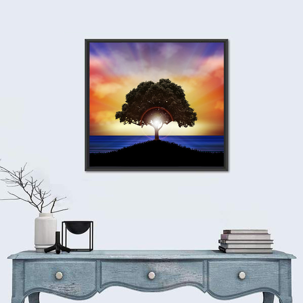 Coastal Sunset Tree Silhouette Wall Art in a room, square