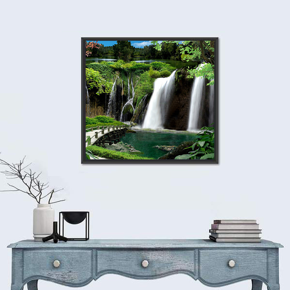 Wooden Bridge and Forest Waterfall Wall Art