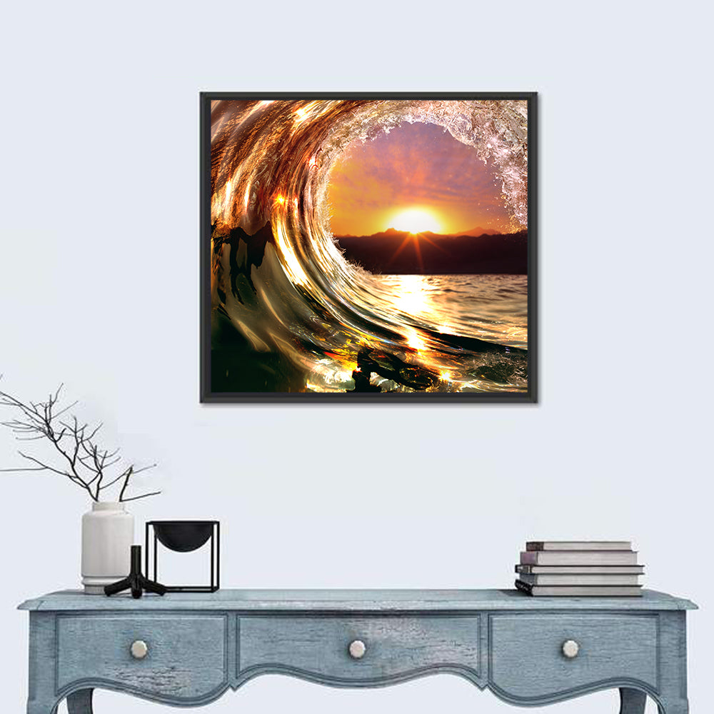 Ocean Wave Sunset Wall Art in a room, square