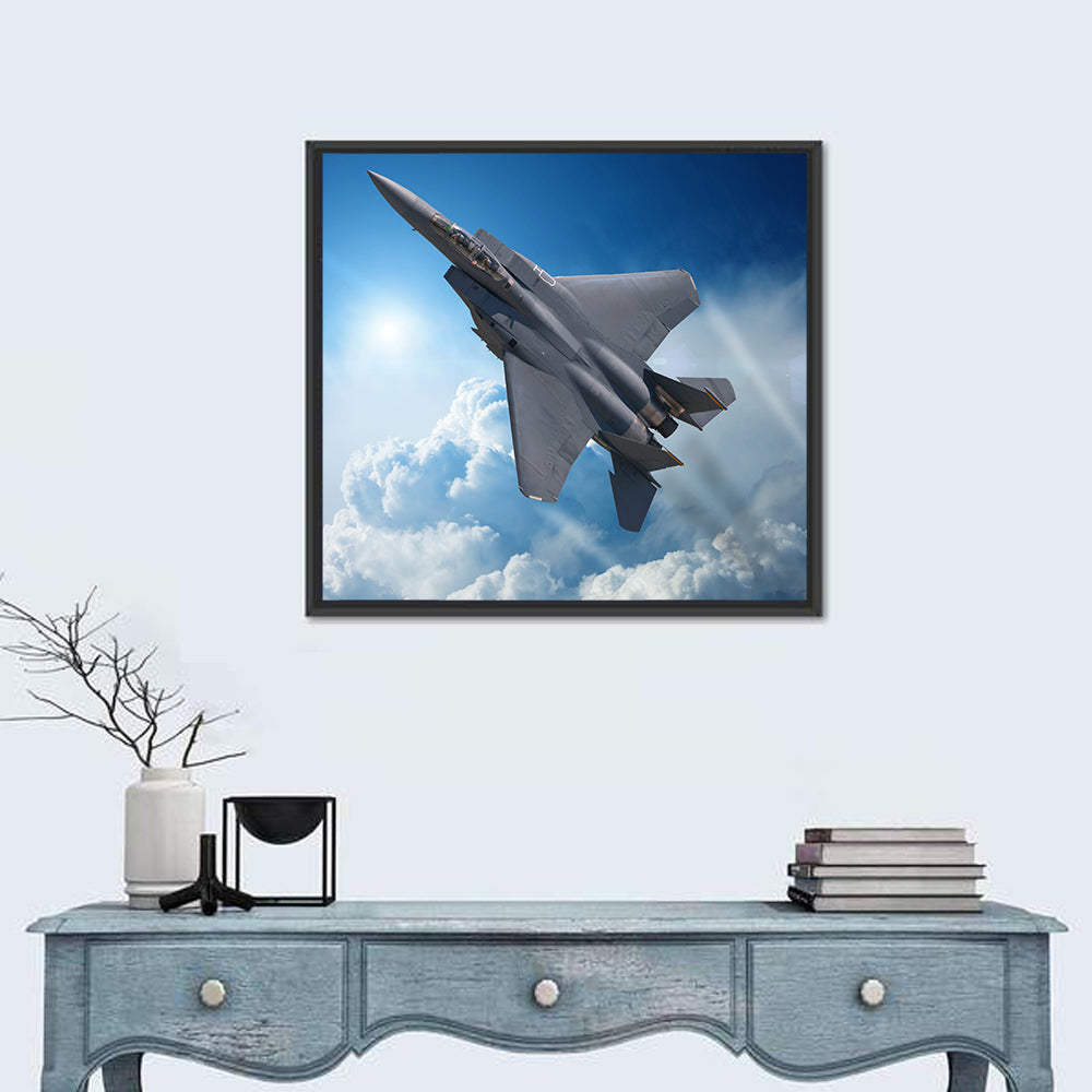 Low Angle Fighter Jet Over Sky Wall Art in a room, square