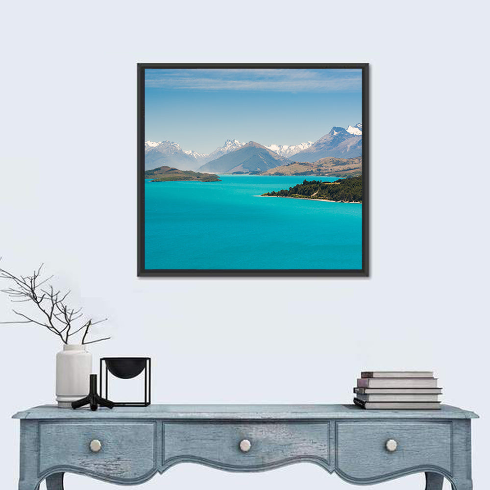 Wakatiup Lake Turquoise Waters New Zealand Wall Art in a room, square