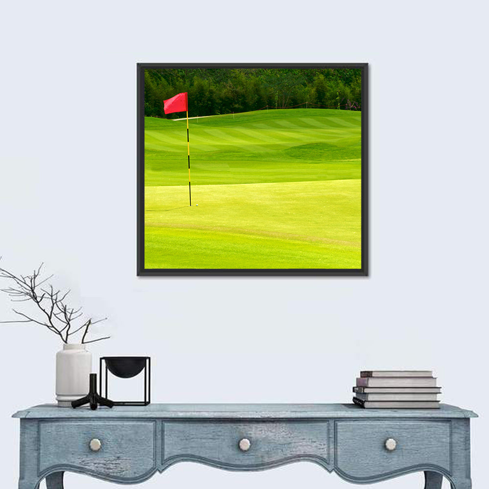 Red Golf Flag on the Green Wall Art in a room, square