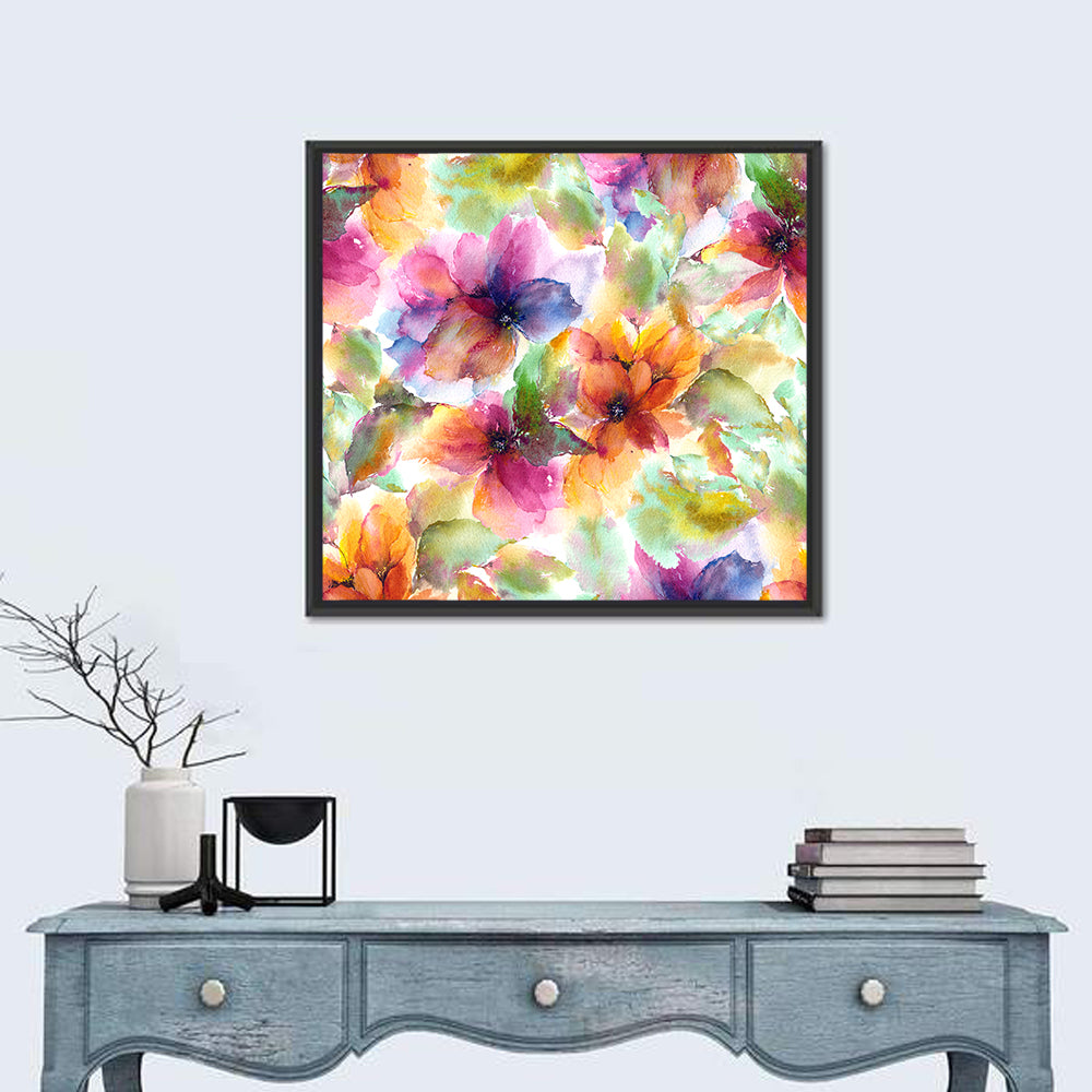Vibrant Watercolor Floral Pattern Wall Art in a room, square