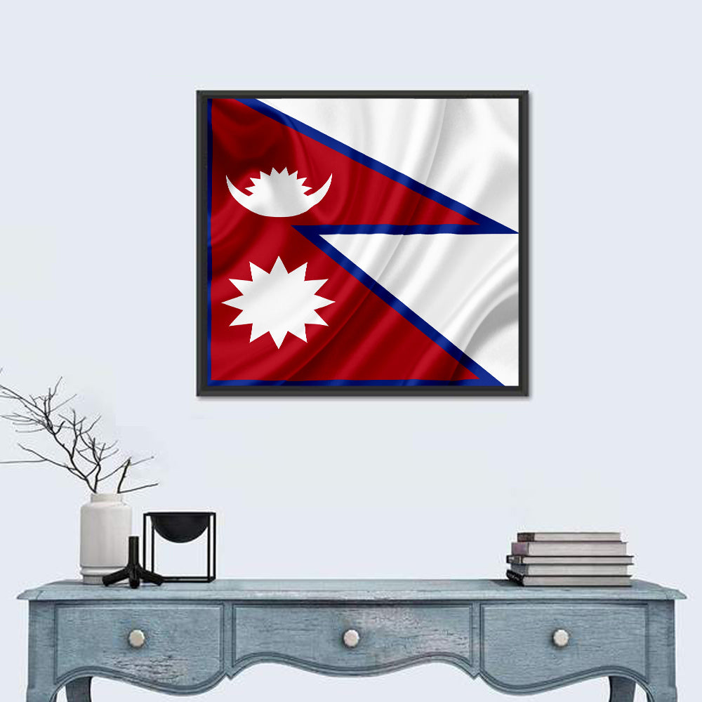 Nepal Flag with Moon and Sun Wall Art in a room, square