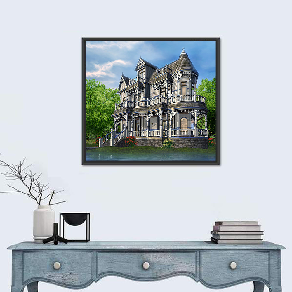 Lakeside Victorian House Wall Art in a room, square